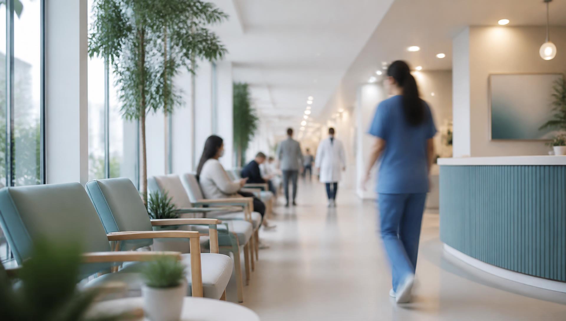 Modern clinic corridor with staff and patients in soft motion blur
